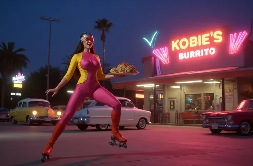 Prompt: (Beautiful 1960s masked luchador  on roller skates), mid-century style space-age architecture, bringing a tray of tacos to a customer, (vibrant pink and yellow uniform), (plump curvy figure), long shapely legs, lively atmosphere, retro decor, Los Angeles drive-in, joyful expressions, nighttime scene, bright neon lights sign correctly spelling KOBIE'S BURRITO, soft fluorescent lighting, ultra-detailed, 8k resolution, photorealistic, dynamic composition, high quality, nostalgic charm, classic 1960s cars in background.