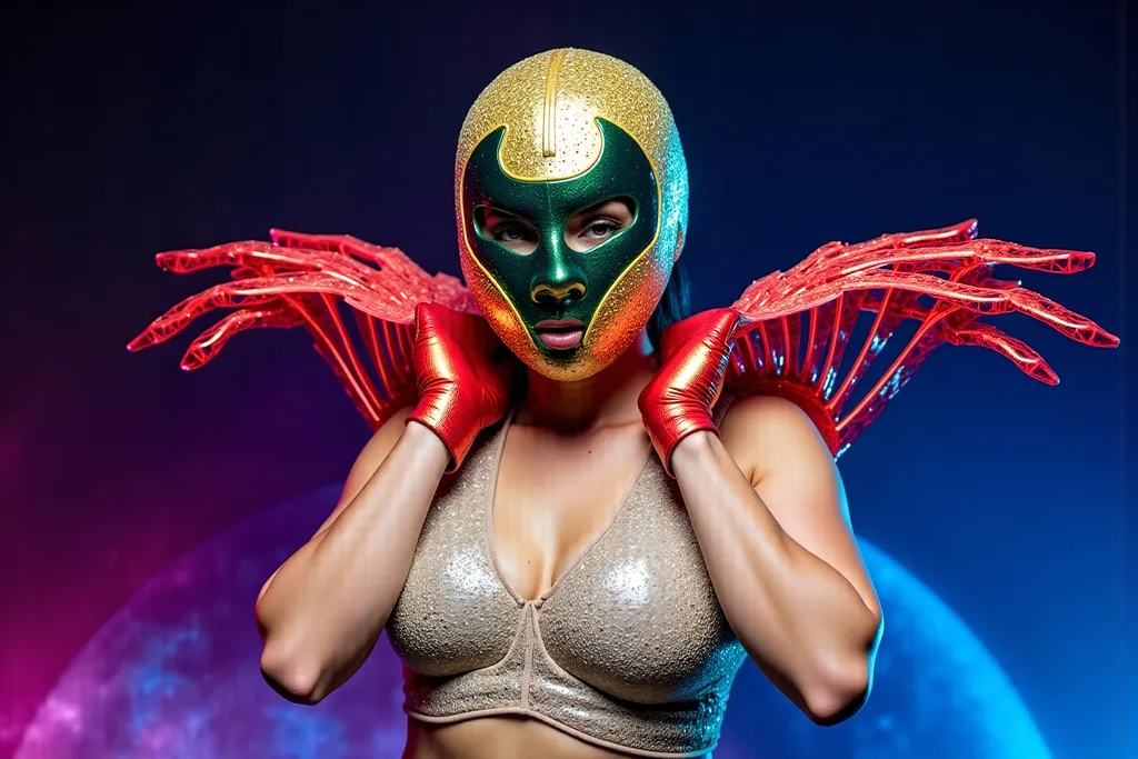 Prompt: female masked  luchador wrestler in  sparkly  bodysuit   parachuting 
retrofuturism style , photography  