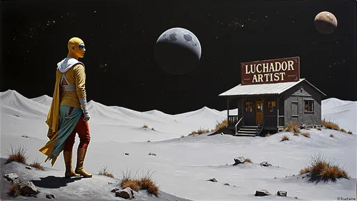 Prompt:  a moon landscape with on lonely masked luchador (in a full sparkly luchador costume) on the horizon- one lonely building  with a  vintage and dirty sign on the roof  the says- correctly spelling "Luchador Artist" in the distance on surface of the moon itself , far away a planet floating in the background.