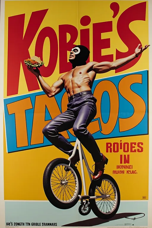Prompt: 80s Style Movie Poster with  1980s Mexican punk esthetic , masked 
  luchador with exaggerated expression, riding a tall unicycle while he is juggling tacos. large  sign "KOBIE'S TACOS"  in the background.