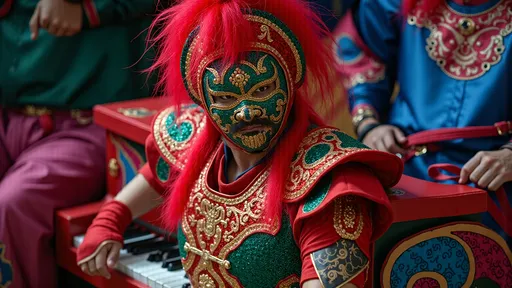 Prompt: masked female luchador (dressed in full luchador costume with mask and sparkly details) in colorful, sparkly costume and mask, standing on top of a colorful  grand piano , whimsical atmosphere, playful and lively, ultra-detailed, HD, , surreal and fun setting, capturing a magical moment of playfulness and nostalgia, visually striking tableau. 