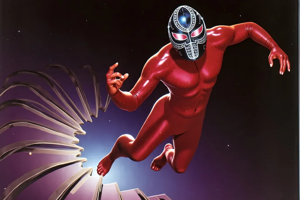 Prompt: masked luchador (in a full sparkly luchador costume) running down a never-ending spiral staircase 