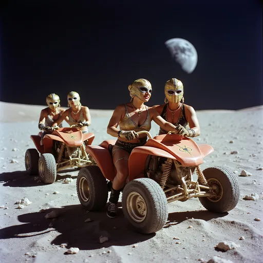 Prompt: small group older masked female luchador wrestlers (all characters are wearing very elaborate bodysuits and full face masks), they are  riding dune buggies on the surface of the moon  Arie Smit, retrofuturism, Ekta chrome photograph, a colorized photo, low-fidelity dreamy aesthetic, flare, low quality, analog photography David LaChapelle, magical realism.