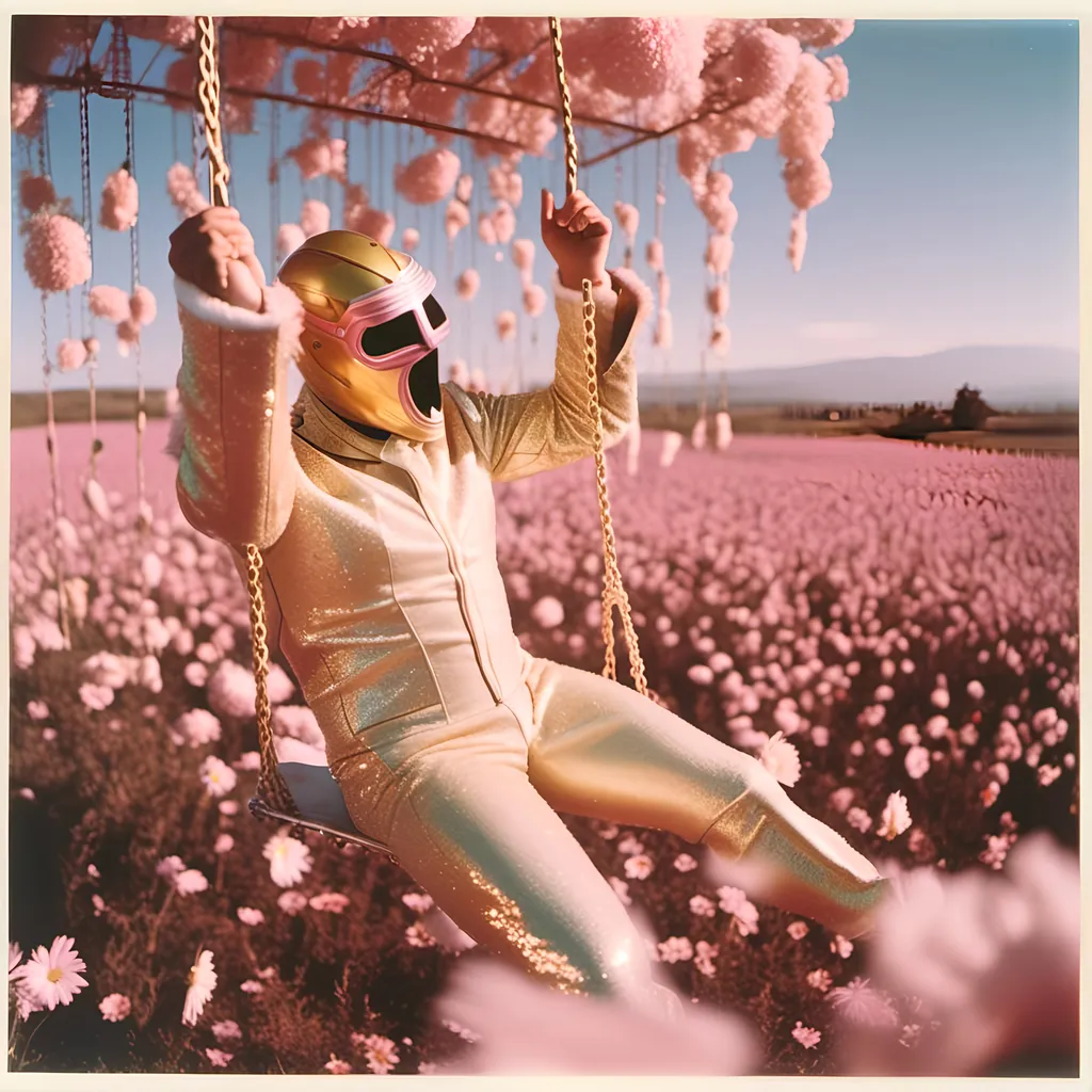 Prompt: <mymodel>night shot, flash luchador fighter dressed in light pink and gold sparkly fur  jacket and mask and bodysuit swinging from the on a huge swing in a fields of dead flowers
retrofuturism, faded photo, light leak, film burn, flash ,fish eye lens, wide lens, 8m"m lens, lens flare, polaroid, high contrast, low angle