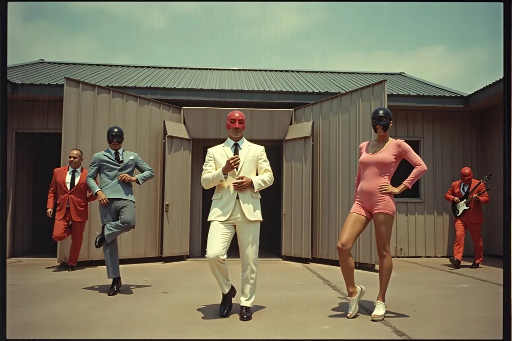 Prompt: masked male and female  luchadores wrestlers in a vintage 1950 jail outdoor court scene, playing a big band swing band in 1950s swing style suits. wearing 1950s fashion made of corn, Lomography 