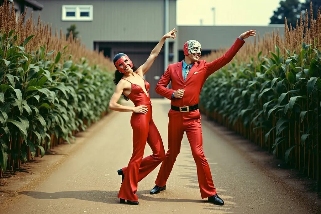 Prompt: masked male and female  luchadores wrestlers in a vintage 1950 garden scene, dancing in 1950s swing style suits. wearing 1950s fashion made of corn, Lomography 