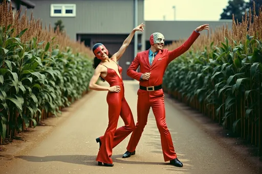 Prompt: masked male and female  luchadores wrestlers in a vintage 1950 garden scene, dancing in 1950s swing style suits. wearing 1950s fashion made of corn, Lomography 