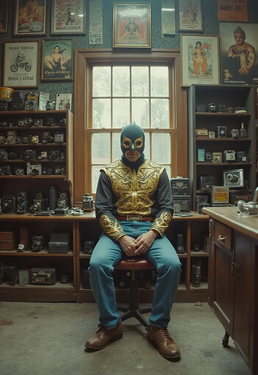 Prompt: a cinematic longshot scene taking place in a vintage camera shop. the walls are full of cabinets with old and vintage camera equipment and also vintage luchador wrestling posters . a luchador siting alone in the store (he is wearing very elaborate luchador costume with full face luchador mask).  Ekta chrome photograph, a colorized photo, low-fidelity dreamy aesthetic, flare, analog photography 