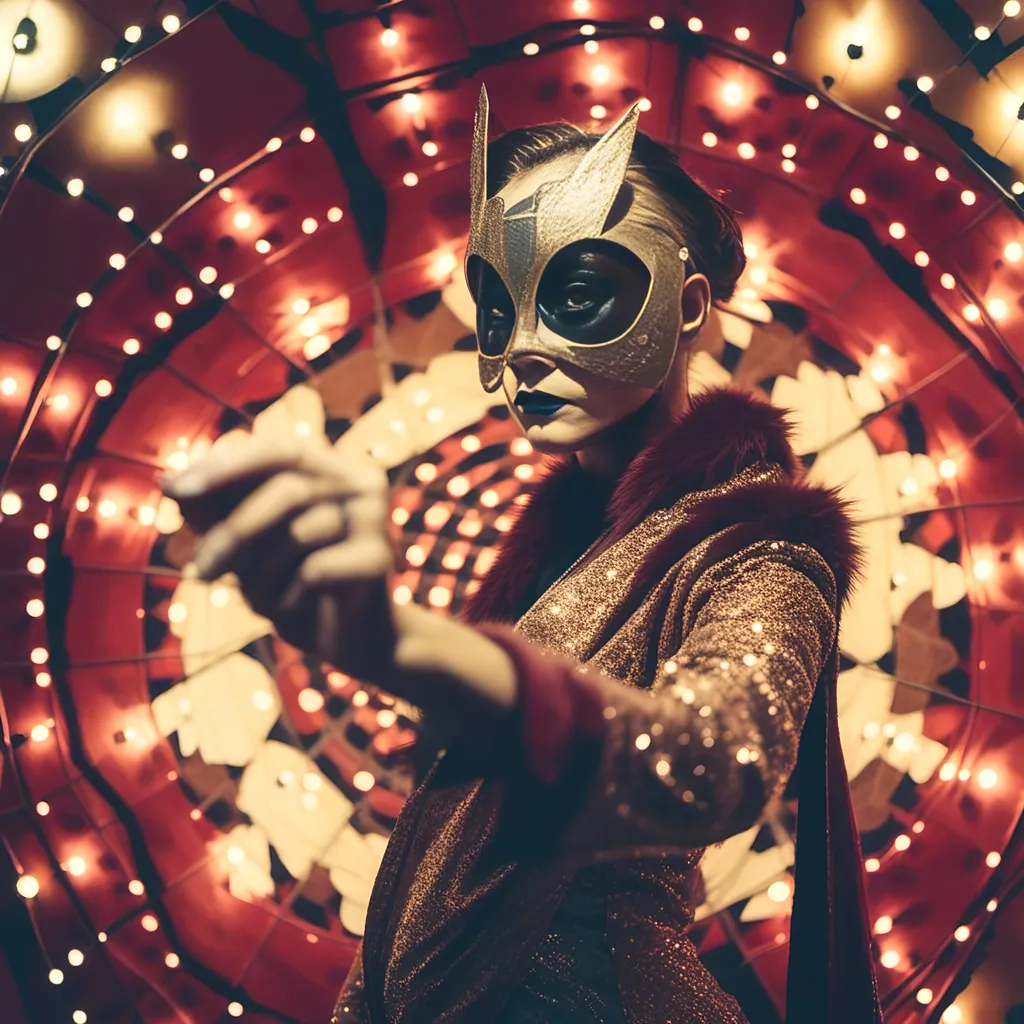 Prompt: <mymodel> female luchador fighter dressed in bronze and merlot sparkly fur  jacket and mask and bodysuit playing darts , faded photo, light leak, film burn ,fish eye lens, wide lens, 8m"m lens, lens flare