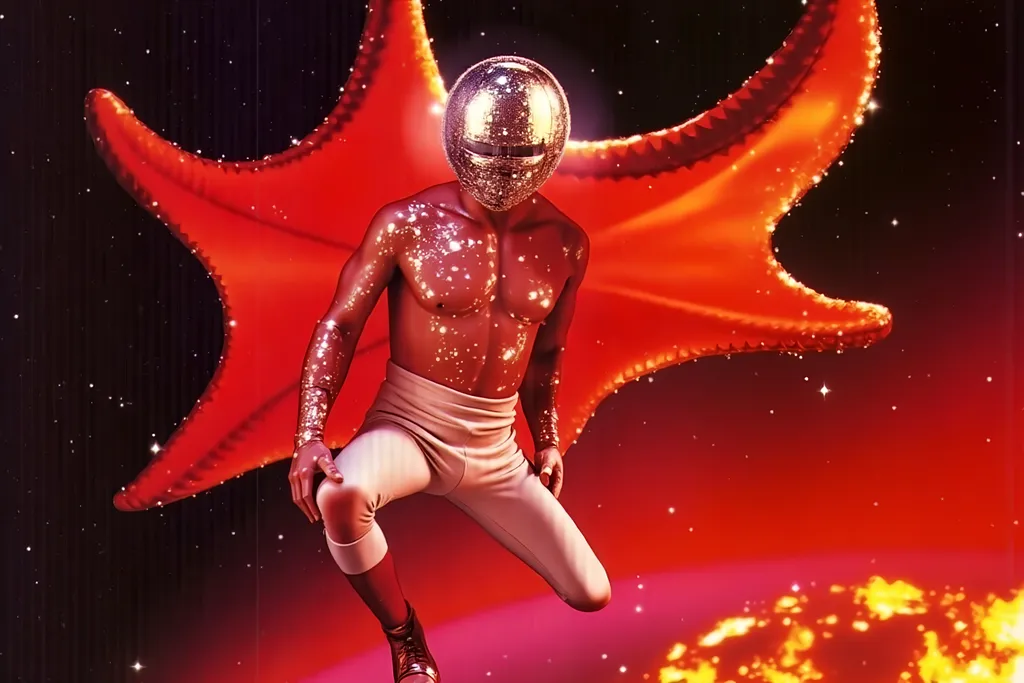 Prompt: masked  luchador wrestler in  sparkly  bodysuit   parachuting 
retrofuturism style , photography 