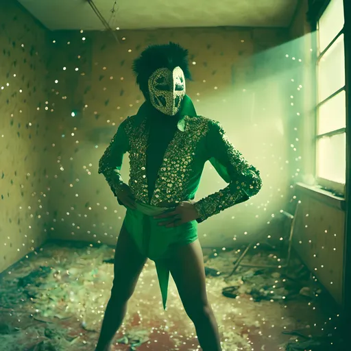 Prompt: <mymodel> luchador fighter dressed like Elvis in sparkly bronze and dark green mask and bodysuit prying in a dusty room filled with parrots 
retrofuturism, faded photo, light leak, film burn, flash ,fish eye lens, wide lens, 8m"m lens, lens flare, polaroid, high contrast