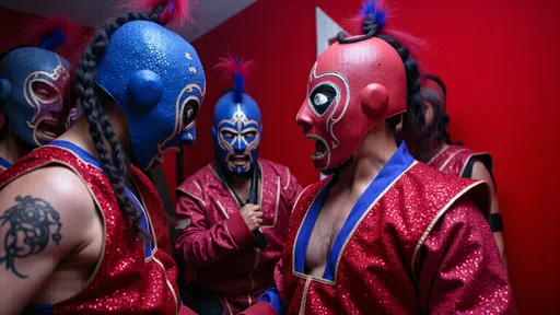 Prompt: a small group (no more than 4 people) luchadores wrestlers (dresses in  themed luchador costume, masks and bodysuits) screaming at each other , dynamic  scene. people look very upset, and angry  in a florescent lit room, with a 1980's simple brutalist design aesthetic. 
8K , super detailed . in a 1980's indie cinematic look, faded winter color theme.
photograph, grainy film look fully masked luchador in sparkly costumes .a small group (no more than 4 people) luchadores wrestlers. screaming at each other , dynamic  scene. people look very upset. with a 1980's simple brutalist design aesthetic., whimsical atmosphere, playful and lively, ultra-detailed, HD, , surreal and fun setting, capturing a magical moment of playfulness and nostalgia, visually striking tableau.