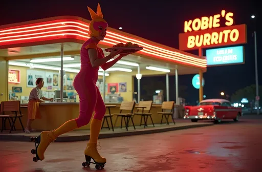 Prompt: (Beautiful 1960s masked luchador  on roller skates), mid-century style space-age architecture, bringing a tray of tacos to a customer, (vibrant pink and yellow uniform), (plump curvy figure), long shapely legs, lively atmosphere, retro decor, Los Angeles drive-in, joyful expressions, nighttime scene, bright neon lights sign correctly spelling KOBIE'S BURRITO, soft fluorescent lighting, ultra-detailed, 8k resolution, photorealistic, dynamic composition, high quality, nostalgic charm, classic 1960s cars in background.