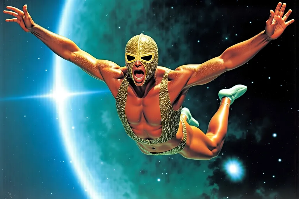 Prompt: masked  luchador wrestler in  sparkly  bodysuit   sky diving
retrofuturism style , photography 