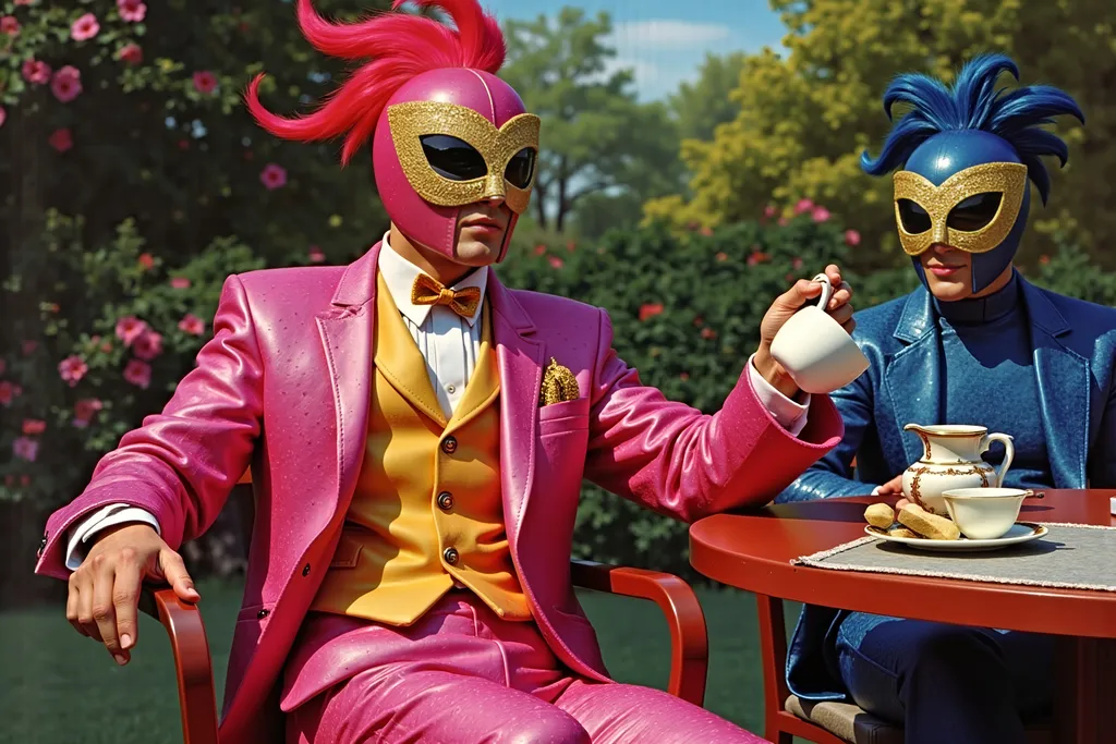 Prompt: masked luchadores dressed sparkly feathered  suit, drinking tea  in a fancy garden