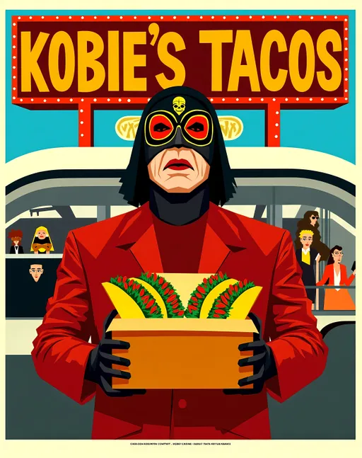 Prompt: Create a movie poster titled- "KOBIE'S TACOS' in 60s Style Movie Poster with  Mexican punk esthetic , masked 
 luchador with exaggerated expression, holding a small brown box with three  tacos in it. large  sign "KOBIE'S TACOS"  in the background.