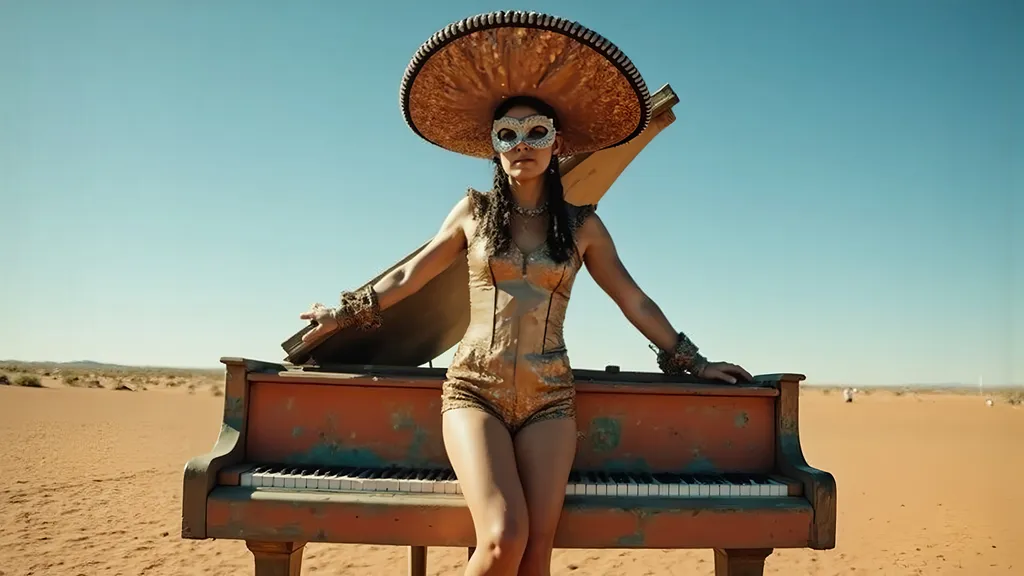 Prompt: masked female luchador (dressed in full luchador costume with mask and sparkly details) in colorful, sparkly costume and mask, standing on top of a colorful  grand piano in the middle of the desert , whimsical atmosphere, playful and lively, ultra-detailed, HD, , surreal and fun setting, capturing a magical moment of playfulness and nostalgia, visually striking tableau. 

