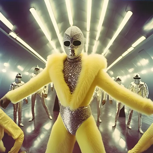 Prompt: <mymodel>   luchador fighters dressed in silver and dark yellow  sparkly fur  jacket and mask and bodysuit dancing , faded photo, light leak, film burn ,fish eye lens, wide lens, 8m"m lens, lens flare