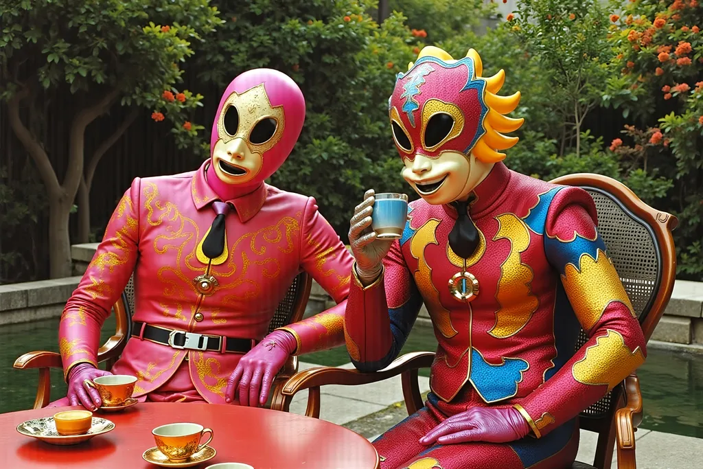 Prompt:  2 masked luchador dressed colorful sparkly feathered  suit, drinking tea  in a fancy garden