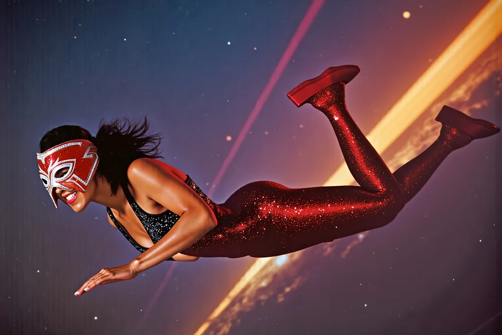 Prompt: female masked  luchador wrestler in  sparkly  bodysuit   sky diving
retrofuturism style , photography 