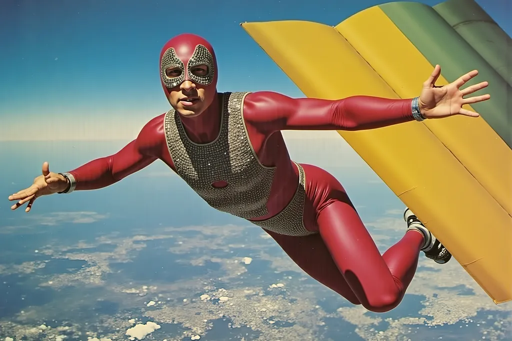 Prompt: masked  luchador wrestler in  sparkly  bodysuit   parachuting 
retrofuturism style , photography 