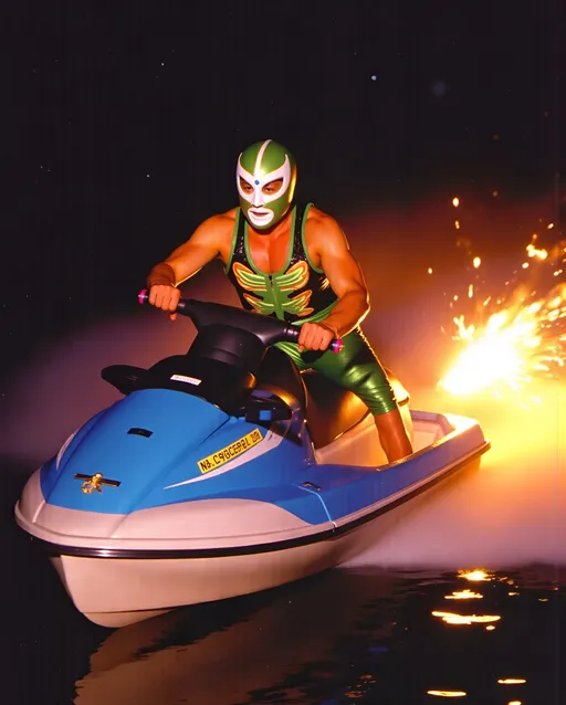Prompt: Luchador wrestler (dressed in full body luchador costume with full face luchador mask) riding a  sparkly jet ski  holding a flare in one hand , faded photo, lens flare, wide angle, dynamic pose 