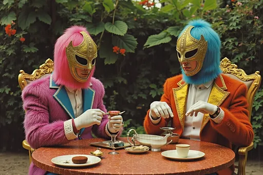 Prompt: masked luchadores dressed sparkly feathered  suit, drinking tea  in a fancy garden