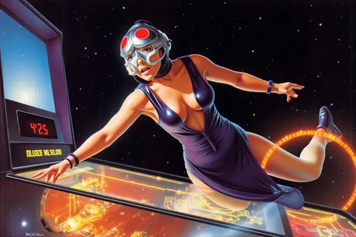Prompt: female Luchador wrestler (dressed in full body luchador costume with full face luchador mask) riding a huge mechanical arcade pinball machine , lens flare, wide angle, dynamic pose , retro futurism