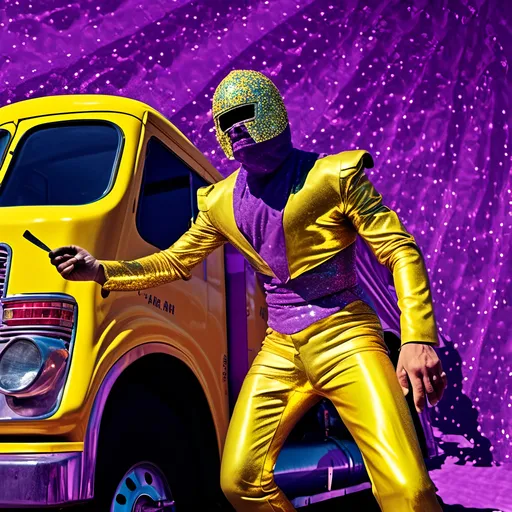 Prompt: luchador fighter dressed in sparkly purple  mask and bodysuit , 
he is in the driver seat of a  sparkly purple garbage truck luchador fighter dressed in sparkly yellow mask and bodysuit , 
he is in the driver seat of a  sparkly yellow garbage truck<mymodel> . retrofuturism, Ekta chrome photograph, a colorized photo , expressionism art style