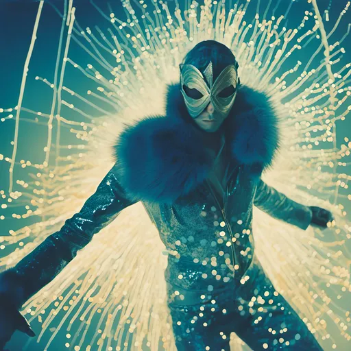 Prompt: <mymodel> <mymodel> night shot, flash luchador fighter dressed in  dark  and light blue sparkly fur  jacket and mask and bodysuit punching a wall
retrofuturism, faded photo, light leak, film burn, flash ,fish eye lens, wide lens, 8m"m lens, lens flare, polaroid, high contrast, low angle, motion blur, slow shutter