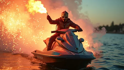 Prompt: Luchador wrestler (dressed in full body luchador costume with full face luchador mask) riding a  sparkly jet ski  holding a flare in one hand , faded photo, lens flare, wide angle, dynamic pose 
