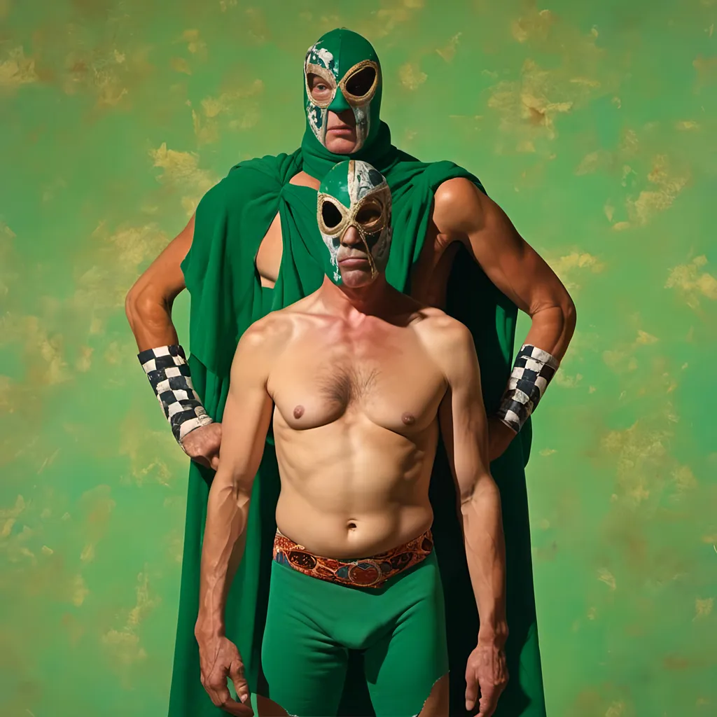 Prompt: <mymodel>olde and masked luchador wrestlers posing green background
