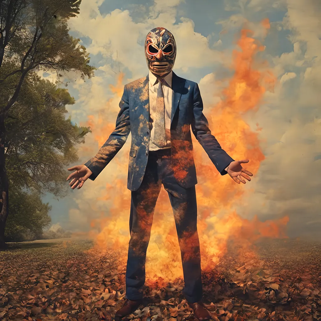 Prompt: <mymodel> overlayed  typography 
, photo , film, luchador wearing a suit sitting in a tall tree that is on fire, bleach stains 
faded photo, fire, motion blur, 