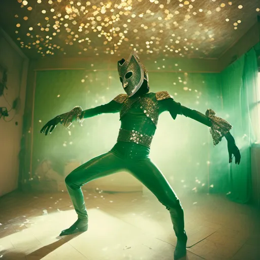 Prompt: <mymodel> luchador fighter dressed like Elvis in sparkly bronze and white and dark green mask and bodysuit swinging from the ceiling  in a dusty room filled with parrots 
retrofuturism, faded photo, light leak, film burn, flash ,fish eye lens, wide lens, 8m"m lens, lens flare, polaroid, high contrast