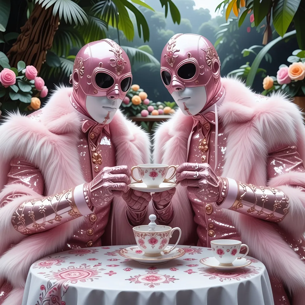 Prompt: masked luchadores dressed sparkly fur  suit, drinking tea  in a fancy garden