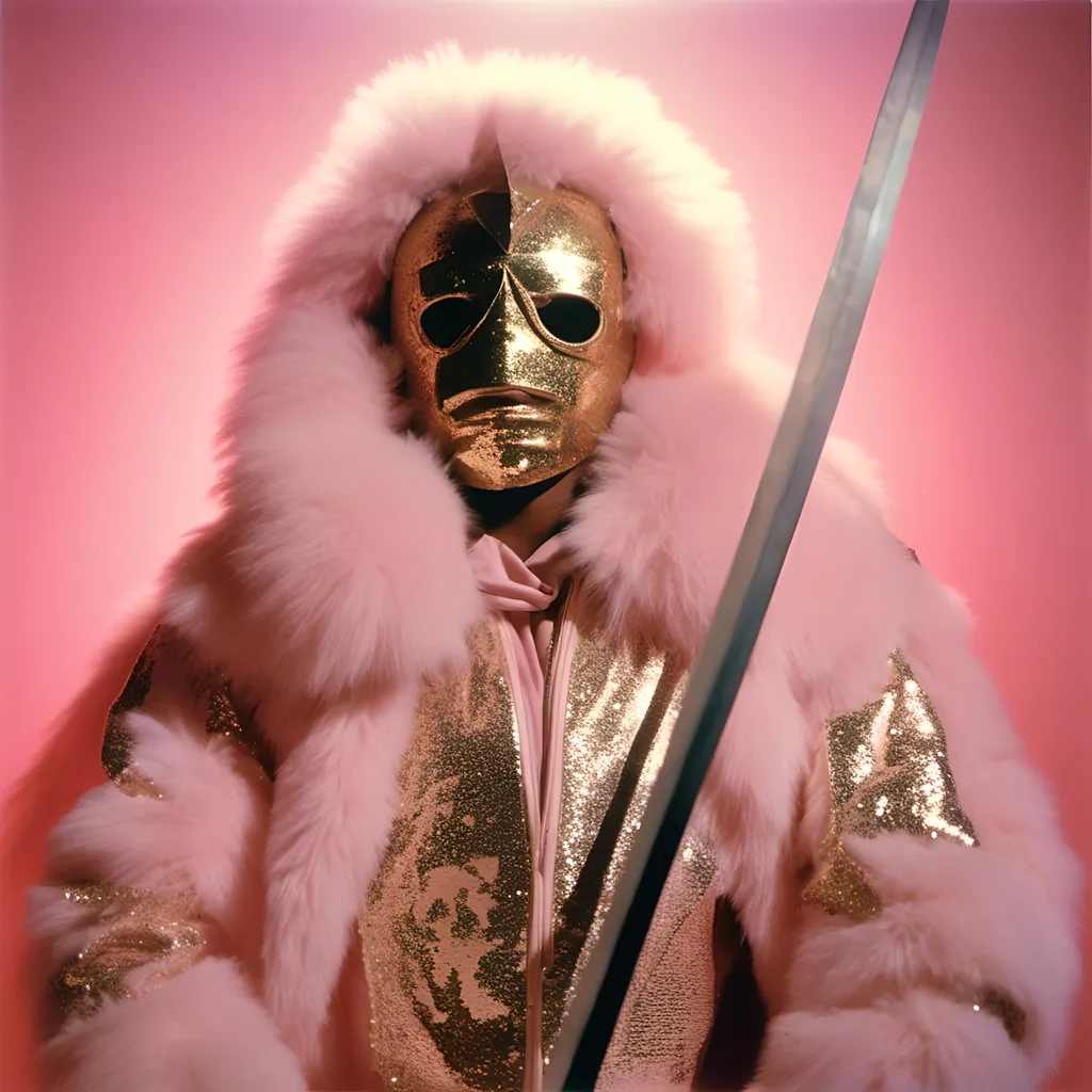 Prompt: <mymodel>  night shot, flash luchador fighter dressed in light pink and gold sparkly fur  jacket and mask and bodysuit holding a sword
retrofuturism, faded photo, light leak, film burn, flash ,fish eye lens, wide lens, 8m"m lens, lens flare, polaroid, high contrast, low angle