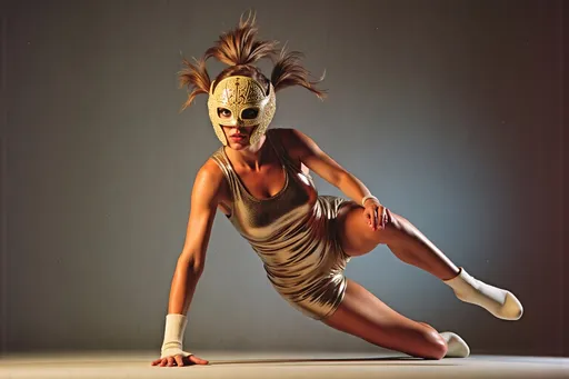 Prompt: female masked  luchador wrestler in  sparkly  bodysuit   doing parkour 
retrofuturism style , photography  