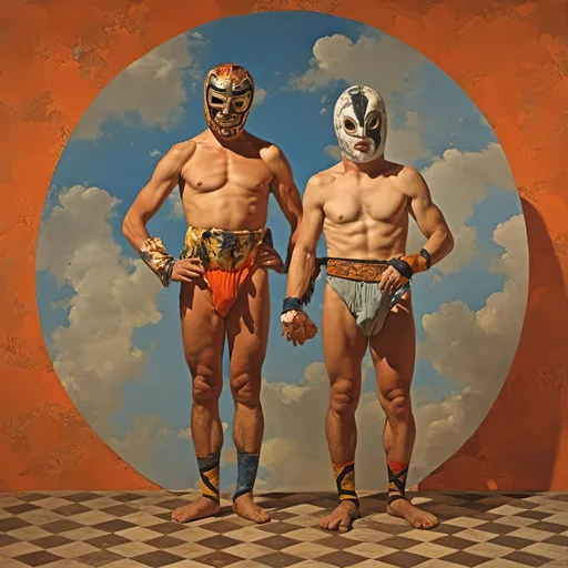 Prompt: <mymodel>olde and masked luchador wrestlers posing terracotta background
