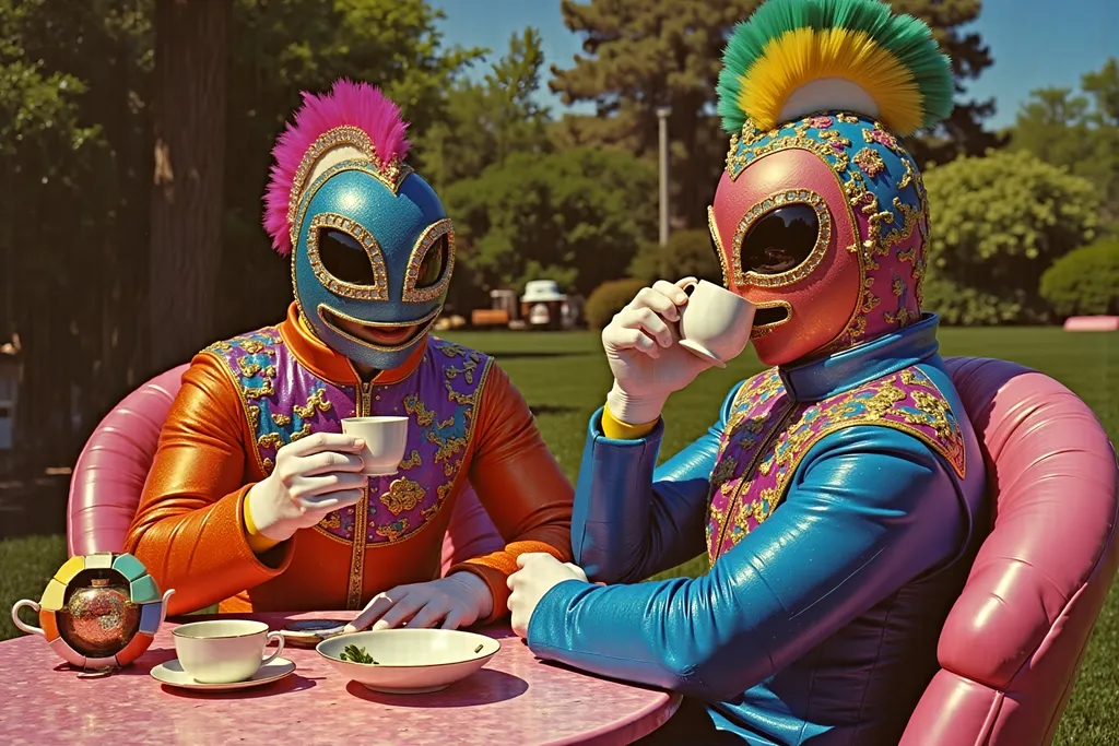 Prompt:  2 masked luchador dressed colorful sparkly feathered  suit, drinking tea  in a fancy garden