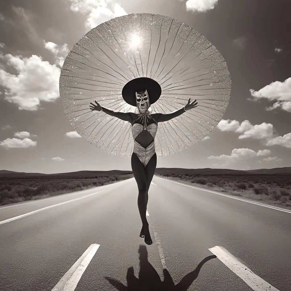 Prompt: <mymodel>a masked female luchador wrestler wearing a large sparkling hat floating in the air in the middle of the road, low angle 
