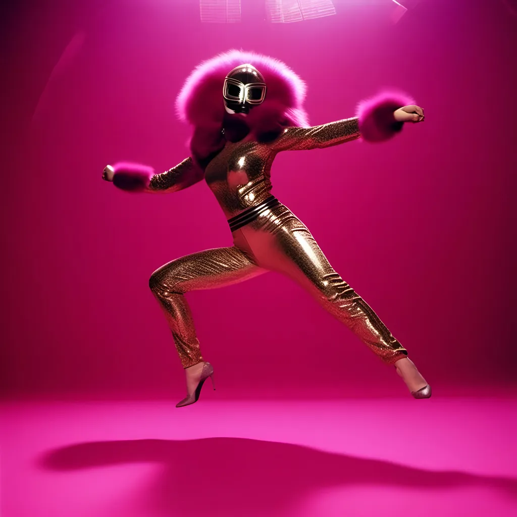 Prompt: <mymodel> female luchador fighter dressed in bronze and dark fuchsia sparkly fur  jacket and mask and bodysuit dancing , faded photo ,fish eye lens, wide lens, 8m"m lens, 