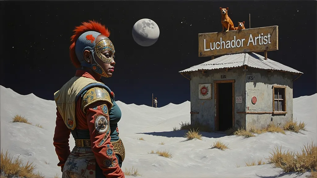 Prompt:  a moon landscape with on lonely masked luchador (in a full sparkly luchador costume) on the horizon- one lonely building  with a  vintage and dirty sign on the roof  the says- correctly spelling "Luchador Artist" in the distance on surface of the moon itself , far away a planet floating in the background.