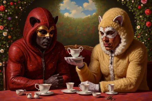 Prompt: masked luchadores dressed sparkly fur  suit, drinking tea  in a fancy garden