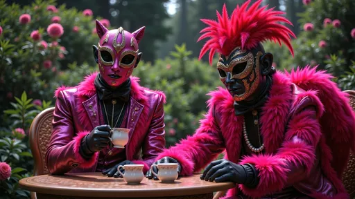 Prompt:  masked luchadores dressed sparkly feathered  suit, drinking tea  in a fancy garden