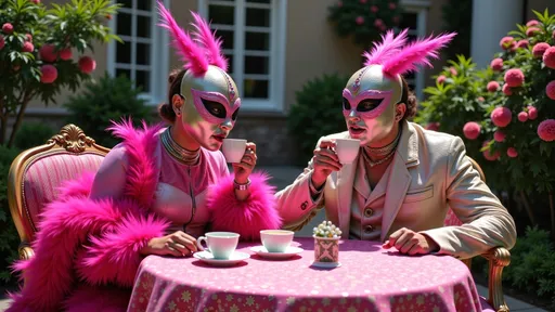 Prompt:  masked luchadores dressed sparkly feathered  suit, drinking tea  in a fancy garden