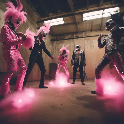 Prompt: <mymodel>  2  luchadores fighters dressed in dark pink and silver and black sparkly fur  jacket and mask and bodysuit playing darts  in a warehouse  , faded photo, light leak, film burn ,fish eye lens, wide lens, 8m"m lens, lens flare