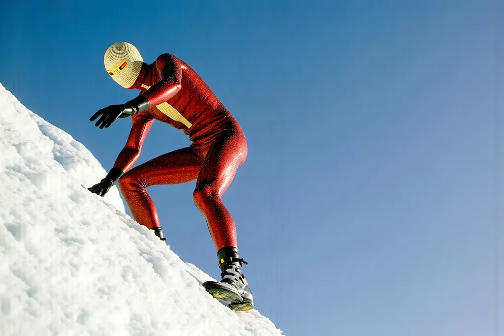 Prompt: masked  luchador wrestler in dark red and gold sparkly  bodysuit   ice climbing a mountain.
retrofuturism style , photography 