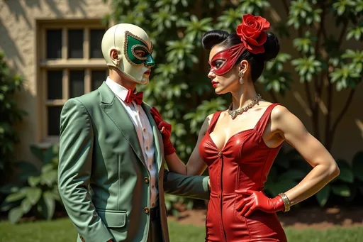 Prompt: masked male and female luchadores wrestlers in a vintage 1950 garden scene, dancing in 1950s swing style suits. wearing 1950s fashion