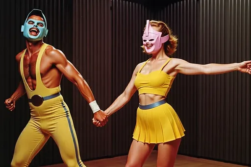 Prompt: masked male and female  luchadores wrestlers in a vintage 1950 jail scene, dancing in 1950s swing style suits. wearing 1950s fashion made of corn, Lomography 