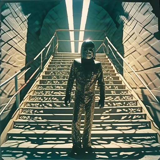 Prompt: <mymodel>  photo , film of extremely long and high brutalist staircase.  luchador fighter in full sparkly body suit and mask  if walking down the stairs , faded photo, light leak, film burn ,fish eye lens, wide lens, 8m"m lens, lens flare